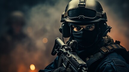 a person in a helmet holding a gun - obrazy, fototapety, plakaty