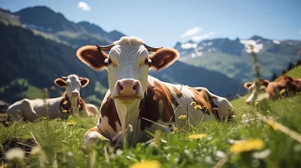 Fotobehang a cow lying in a field © Ilie
