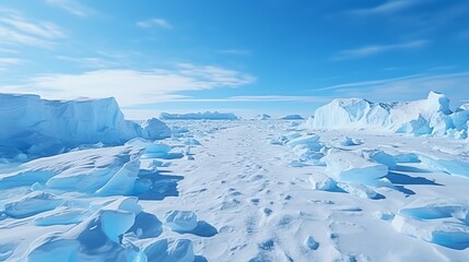 a snowy landscape with icebergs and blue sky