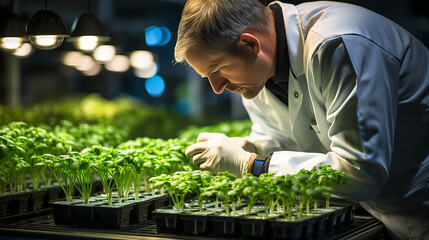 Scientist Examining Young Seedlings in a High-Tech Indoor Hydroponic Farming Facility at Night - obrazy, fototapety, plakaty