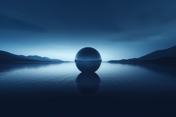 Fototapeta na wymiar a sphere on water with mountains in the background