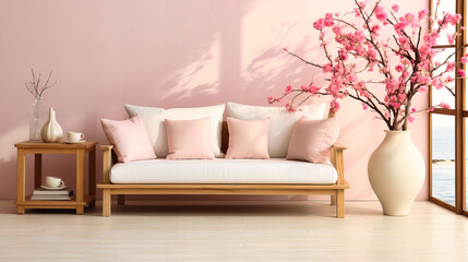 Fototapeta na wymiar Minimalist Spring-Themed Living Room with Soft Pink Accents and Cherry Blossoms in Sunlit Space