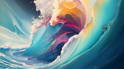 Illustration of sea waves during sunrise. Abstract sea art in turquoise and warm colors.
