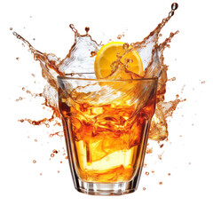 Iced lemon tea in a glass,  splashes  high speed. Refreshing, isolated white background, for use as an illustration in a drink café menu.