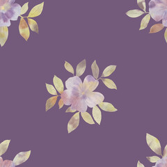 abstract flowers drawn in watercolor digitally, botanical seamless pattern for design, purple background