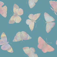 vintage print with colored butterflies, on a green background. Hand drawn illustration. printing for design and packaging