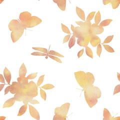 Fototapeta premium colorful watercolor pattern, seamless flowers and butterflies on a white background