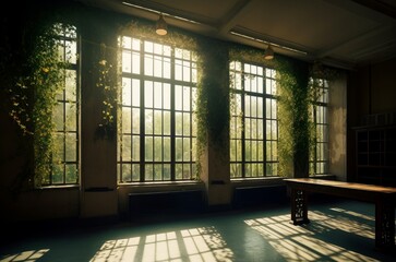 Empty library room with big sunlit windows. Unfurnished book depository interior with luminous beams. Generate ai