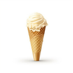 Ice cream vanilla scoop on waffle cone on white background. generative ai