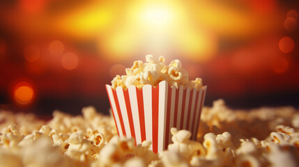 Popcorn at the movies. Striped popcorn box container. bucket with pop corn. generative ai - obrazy, fototapety, plakaty