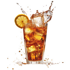 Iced lemon tea in a glass,  splashes  high speed. Refreshing, isolated white background, for use as an illustration in a drink café menu.