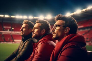 Friends group watching football game on field. Male comrades fanatics' soccer audience. Generate ai