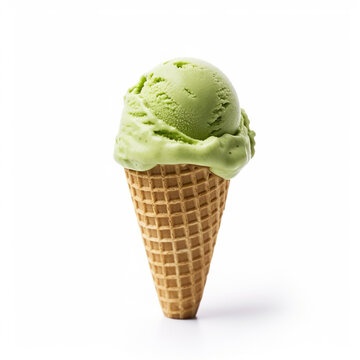 Ice cream matcha scoop on waffle cone on white background. Green tea Matcha ice cream. generative ai