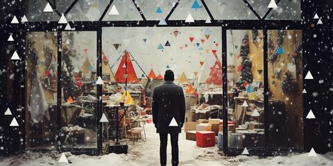 A Man Admiring the Display in a Store Window Winter Christmas tree Grunge banner - obrazy, fototapety, plakaty