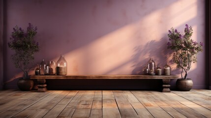Mur vide violet et sol en bois avec un reflet intéressant provenant de la fenêtre. Intérieur chaleureux, ia générative	