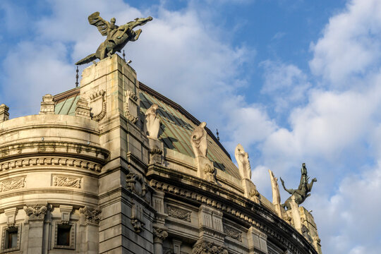 Detail of the upper part of the Garcia Barbon theater building in the city of Vigo. Galicia, Spain.
