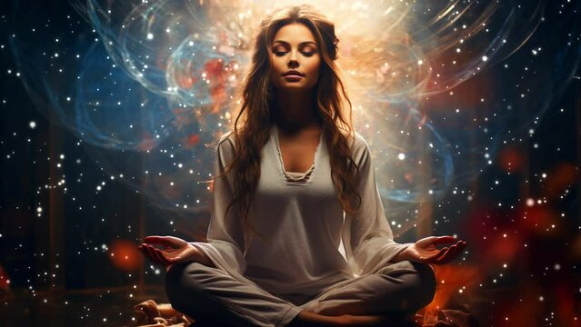 A beautiful woman does yoga in the lotus position. Around the magical background with flying glowing particles