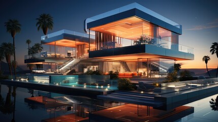 maison futuriste d'architecte en 3D retro éclairé de l'intérieur.