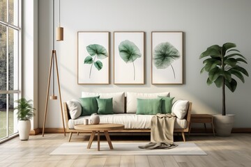 pièce calme avec un canapé chaleureux et moelleux , couleur verte dominante avec du bois, cadres au mur