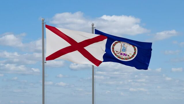 Virginia and Alabama US state flags waving together on cloudy sky, endless seamless loop