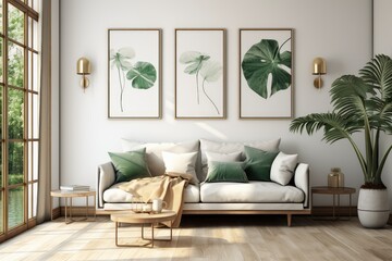 pièce calme avec un canapé chaleureux et moelleux , couleur verte dominante avec du bois, cadres au mur - obrazy, fototapety, plakaty