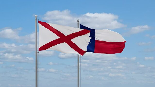 Texas and Alabama US state flags waving together on cloudy sky, endless seamless loop