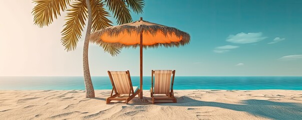 Tropical beach paradise. Serene beach scene with golden sand water and palm shade. Relaxing sunbeds...