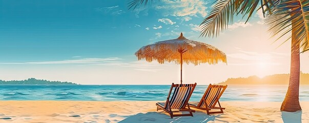 Tropical beach paradise. Serene beach scene with golden sand water and palm shade. Relaxing sunbeds and parasols are set up for perfect vacation in tropical destination during warm sunset - obrazy, fototapety, plakaty