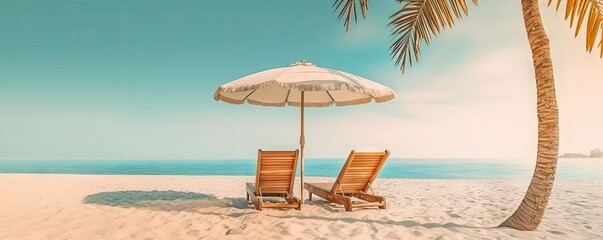Tropical beach paradise. Serene beach scene with golden sand water and palm shade. Relaxing sunbeds and parasols are set up for perfect vacation in tropical destination during warm sunset