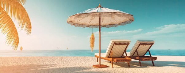 Tropical beach paradise. Serene beach scene with golden sand water and palm shade. Relaxing sunbeds and parasols are set up for perfect vacation in tropical destination during warm sunset - obrazy, fototapety, plakaty