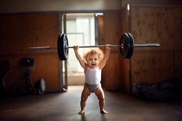 strong little girl lifting weights - obrazy, fototapety, plakaty