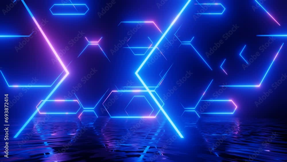 Aufkleber neon design, blue red line pattern. 4k video with various neon elements and a reflecting floor. loop