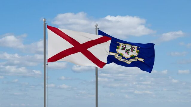 Connecticut and Alabama US state flags waving together on cloudy sky, endless seamless loop