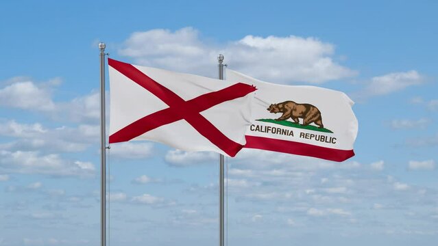 California and Alabama US state flags waving together on cloudy sky, endless seamless loop