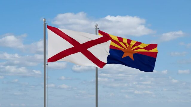 Arizona and Alabama US state flags waving together on cloudy sky, endless seamless loop