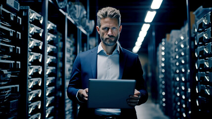 Fototapeta premium a man stands in a server room with a tablet, data center, IT specialist, advanced technology, advanced, advanced technology.