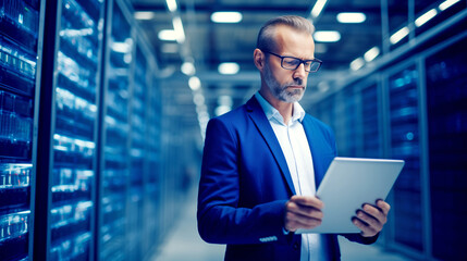 a man stands in a server room with a tablet, data center, IT specialist, advanced technology, advanced, advanced technology.