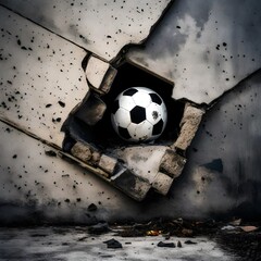 a soccerball or football busting through a cement brick wall