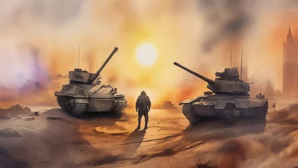 Foto op Plexiglas tanks and soldiers, painting on the theme of world conflicts and wars made in watercolor © toxicoz