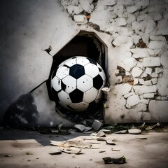 a soccerball or football busting through a cement brick wall