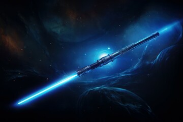 Blue galactic lightsaber tool. Celestial azure glowing handle sabre. Generate ai - obrazy, fototapety, plakaty