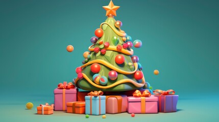 christmas tree and gift 3d cartoon - generative ai