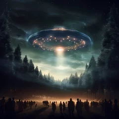  People are staring alien spaceship flying over the forest © ni