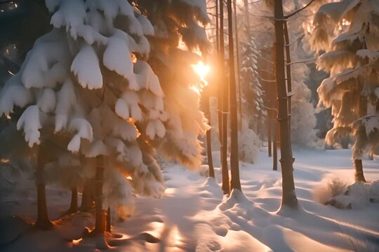 Snowy forest with sparkling white snow on tree branches. Golden sun breaks through the trees