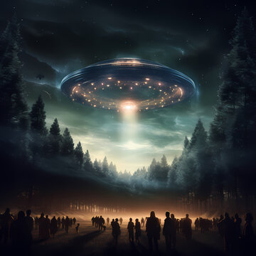 People are staring alien spaceship flying over the forest