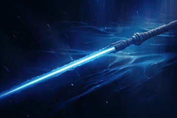 Blue shiny lightsaber in darkness. Glowing azure radiant laser sword. Generate ai - obrazy, fototapety, plakaty