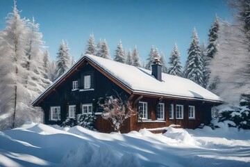 snow covered house with siedges in winter 