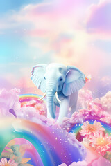 landscape with rainbow, elephant, white elephant, Generative AI