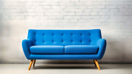 Modern Bright Blue Sofa with Button Details Against White Brick Wall in Contemporary Setting