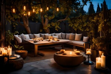 A view of an elegant and well furnished backyard patio by candlelight at dusk